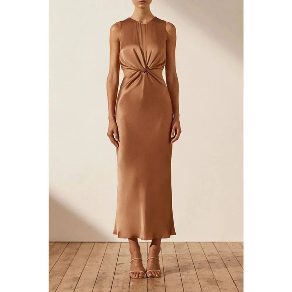 Shona Joy La Lune Twist Front Sleeveless Midi Dress Almond Size 6 NWT - Picture 1 of 9